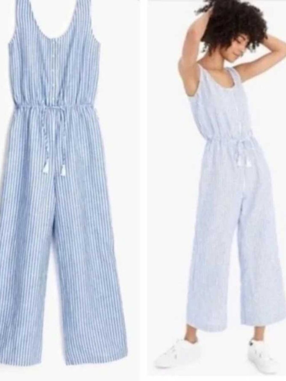 New S J.Crew button-front tie-waist striped linen blend jumpsuit